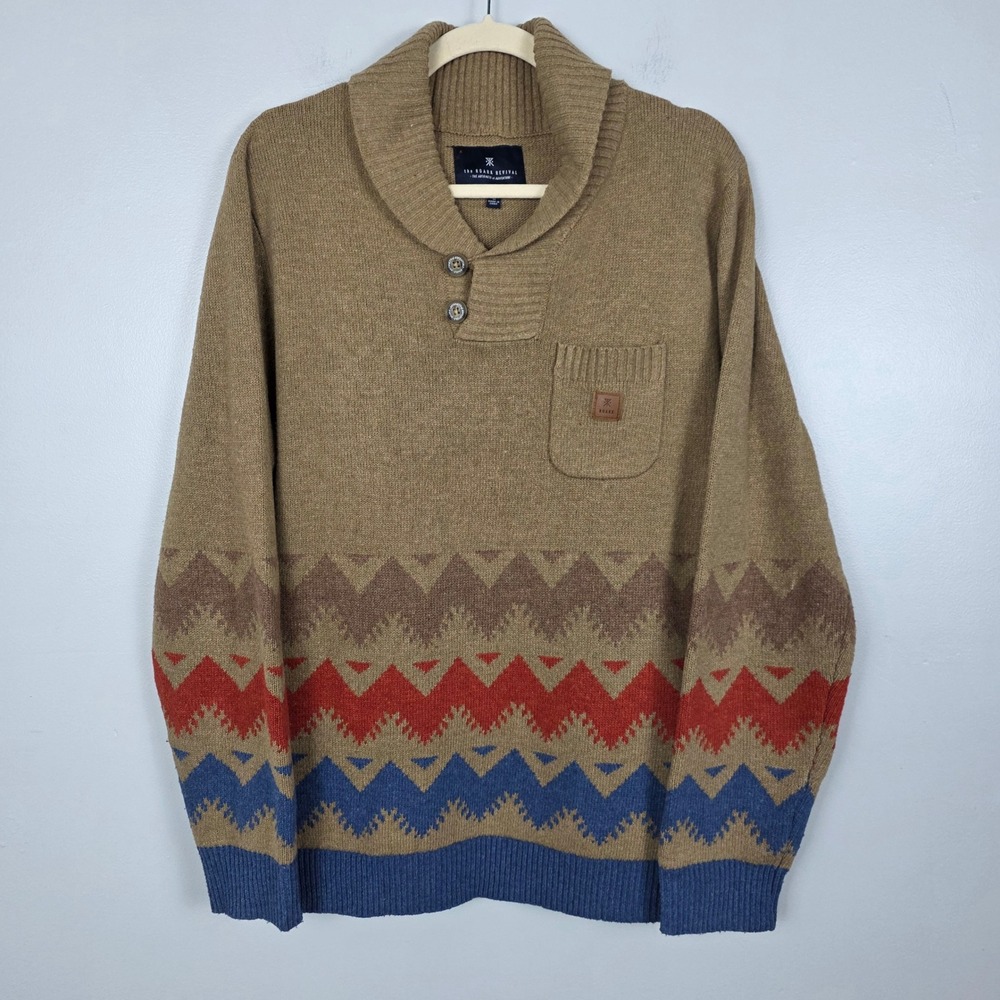 Roark Revival Men's Wool Blend Shawl Button Pullover Aztec Knit Sweater
